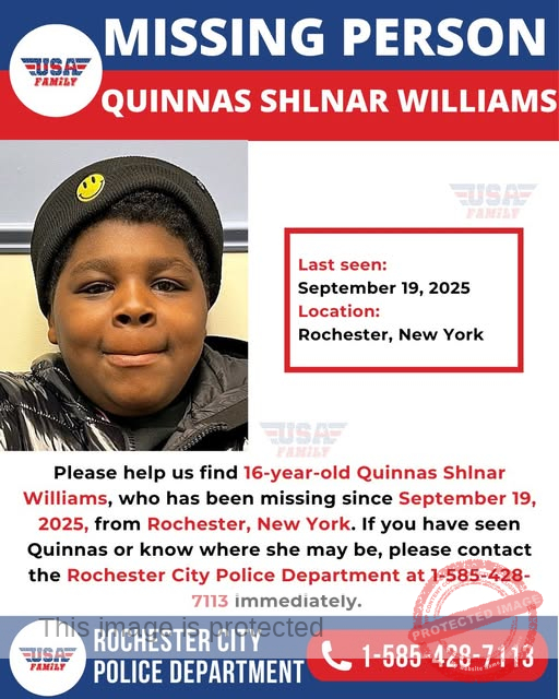 Missing Child Alert: 16-Year-Old Quinnas Shlnar Williams Missing in Rochester, NY