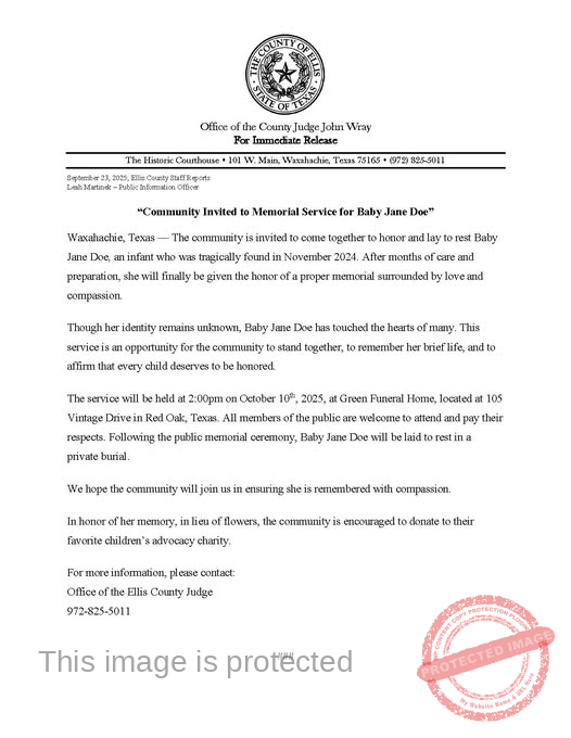 Press Release & Public Ceremony – Honoring Baby Jane Doe (Ovilla)