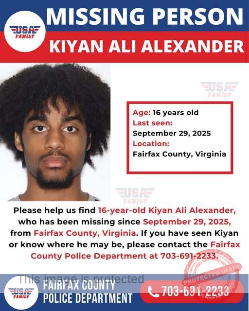 Missing 16-Year-Old Kiyan Ali Alexander Last Seen in Fairfax County, Virginia