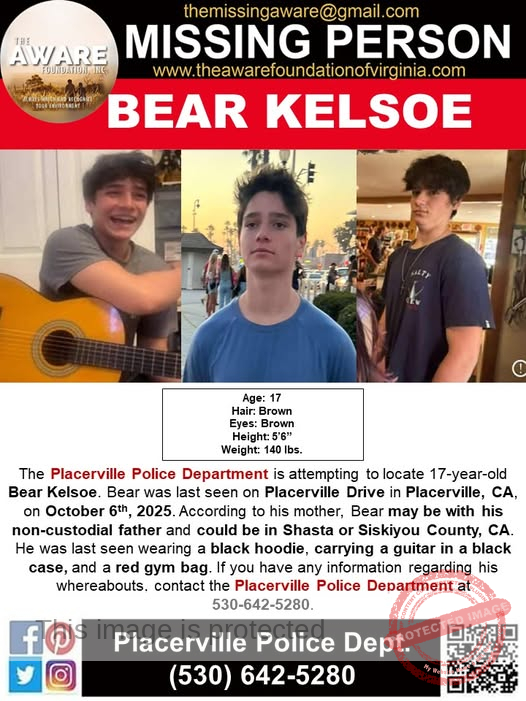 Missing Teen Alert: 17-Year-Old Bear Kelsoe Last Seen in Placerville, CA